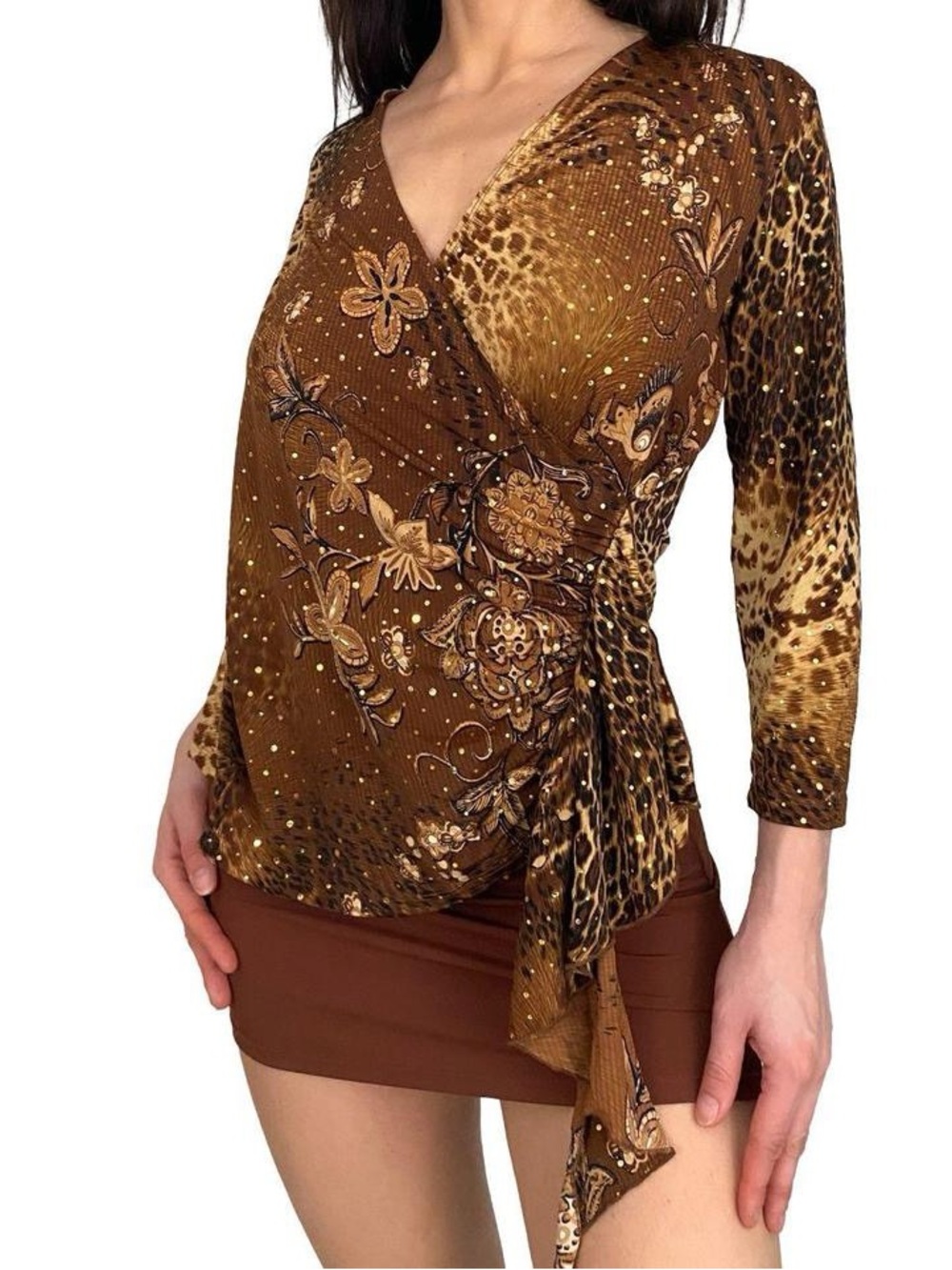 2000s Brown Floral Leopard Wrap Top with Side Tie and sequin dots